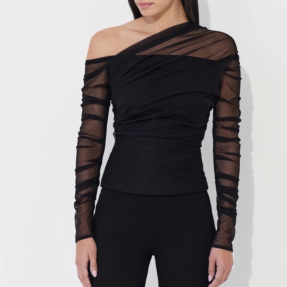 Chic Black One-Shoulder Blouse with Sheer Sleeves